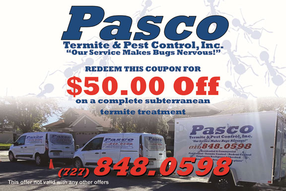 promotional coupon for $50 off on a complete subterranean termite treatment